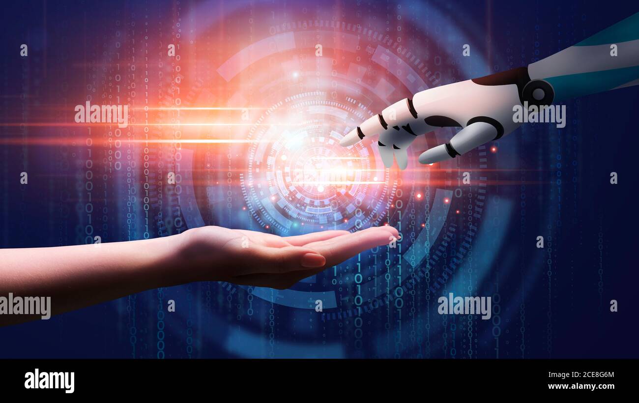 Artificial Intelligence Concept. Cyborg Hand Reaching Human Hand Over Abstract Binary Background Stock Photo