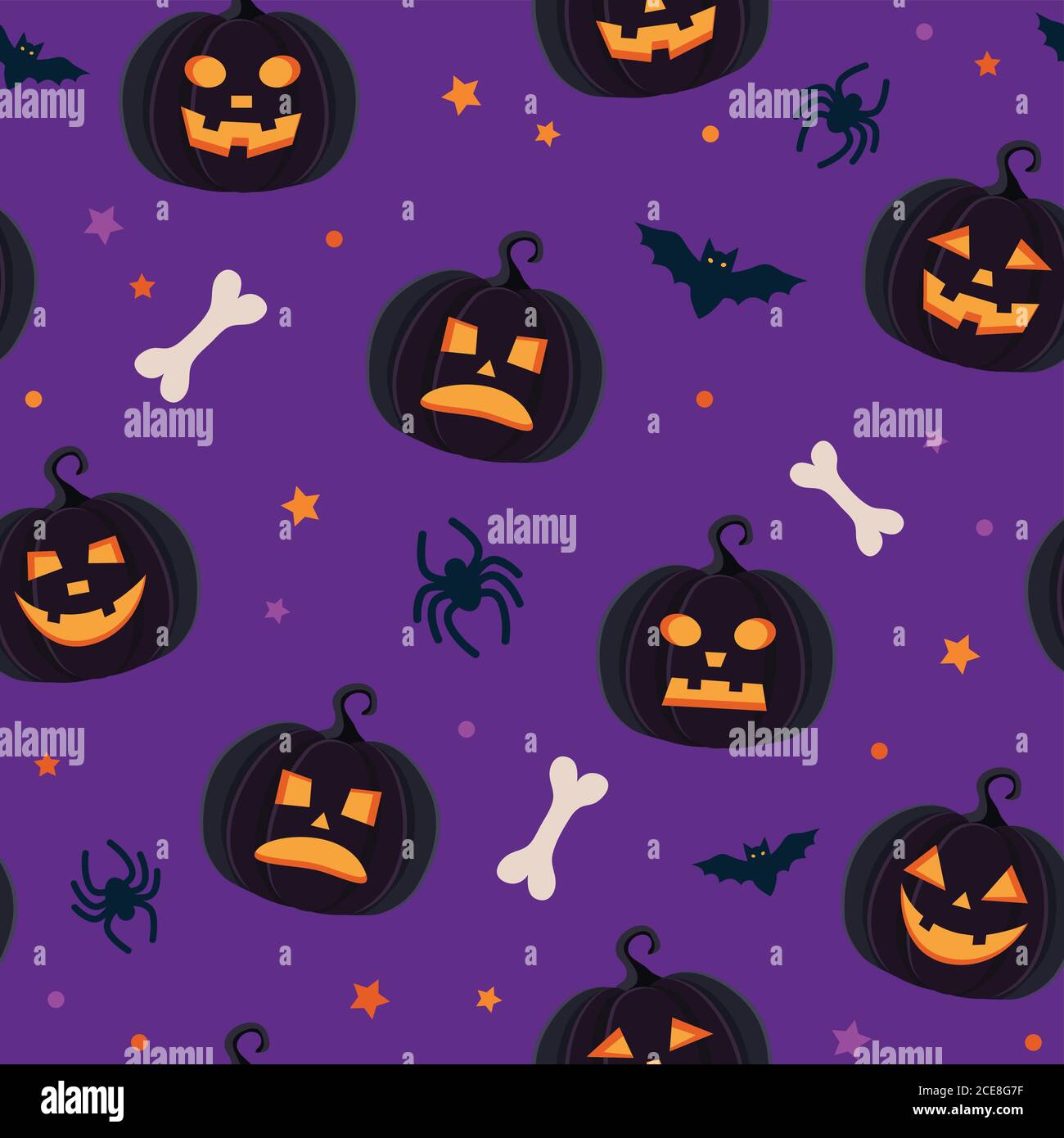 Halloween pattern with different pumpkins, spooky jack o lantern, spiders and bats Stock Vector