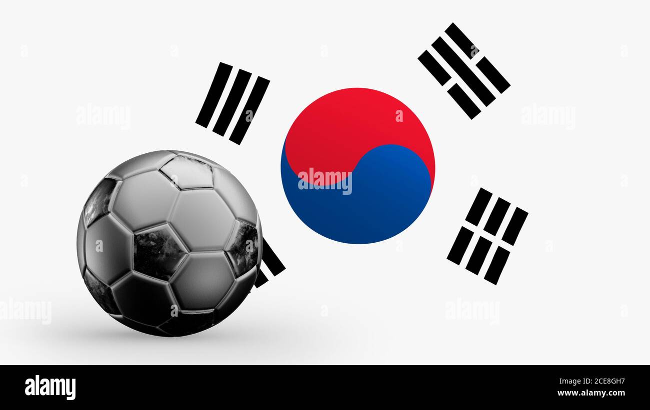 Flag of South Korea with metal soccer ball, national soccer flag, soccer world cup, football european soccer, american and african championship, 3d re Stock Photo