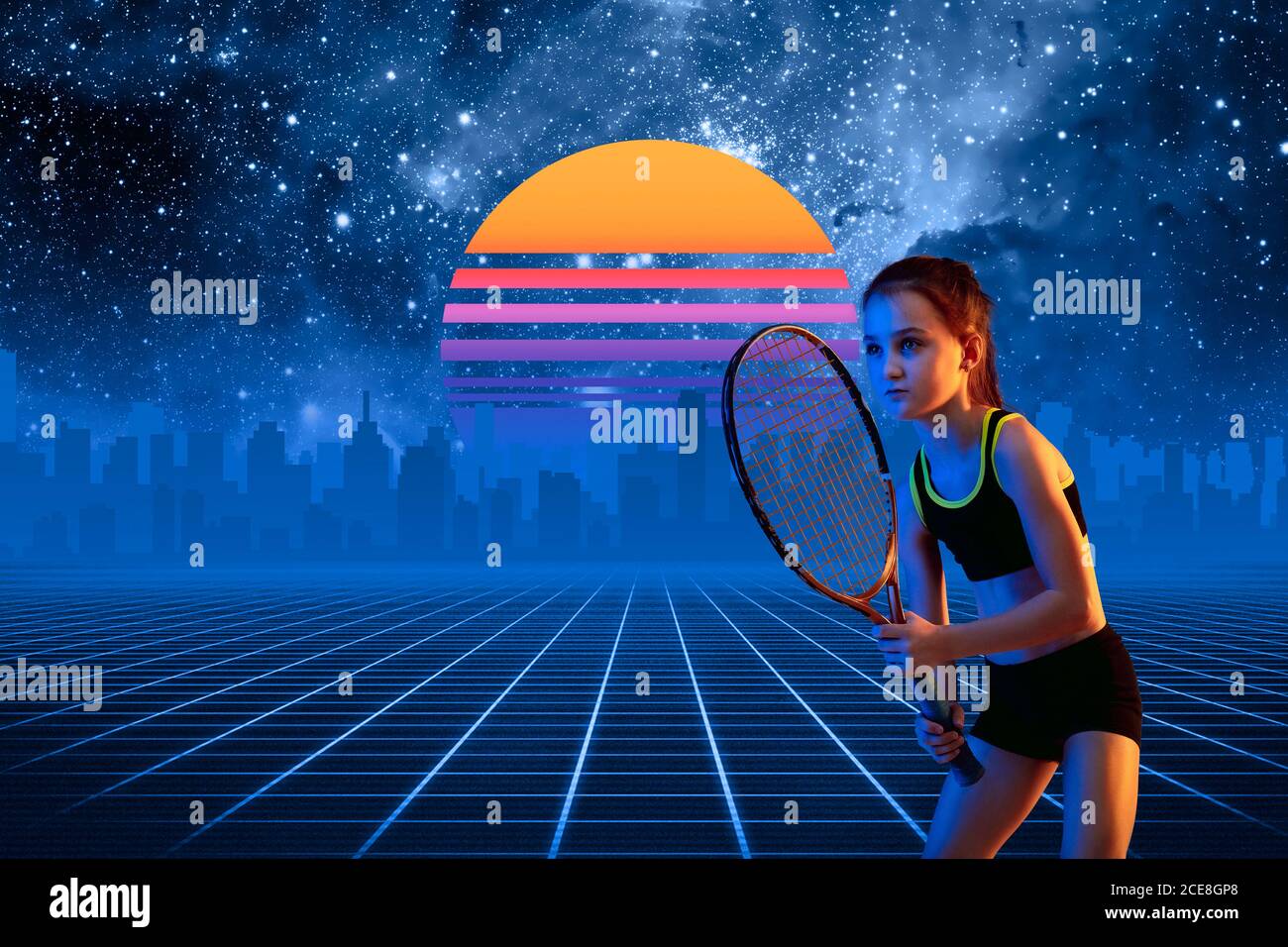 Tennis girl. Beautiful background, synth wave and retro wave, vaporwave  futuristic aesthetics. Ultraviolet, sportsman in glowing neon. Stylish  flyer for ad, offer, bright colors and city view Stock Photo - Alamy