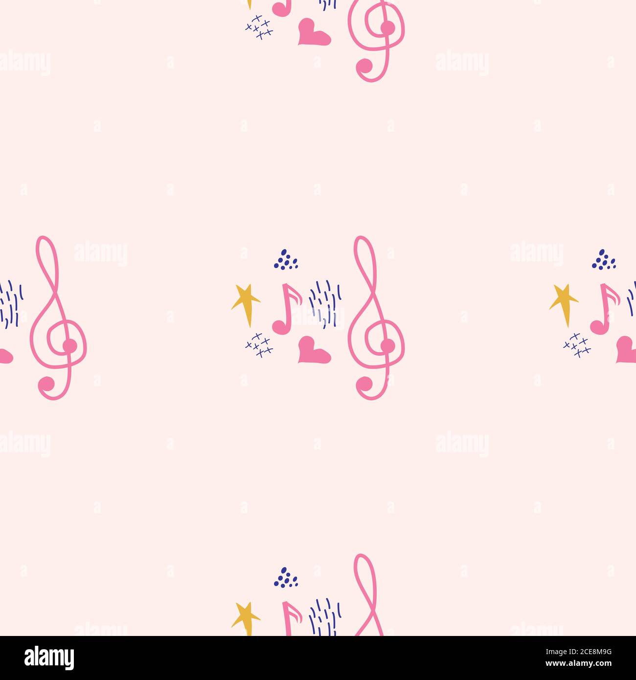 Pink Clef Note Treble clef, notes, heart, stars, abstract elements seamless pattern in ...