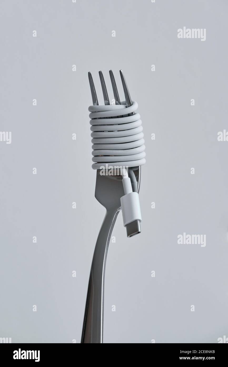 Close-up of a fork coiled by a charger cable Stock Photo