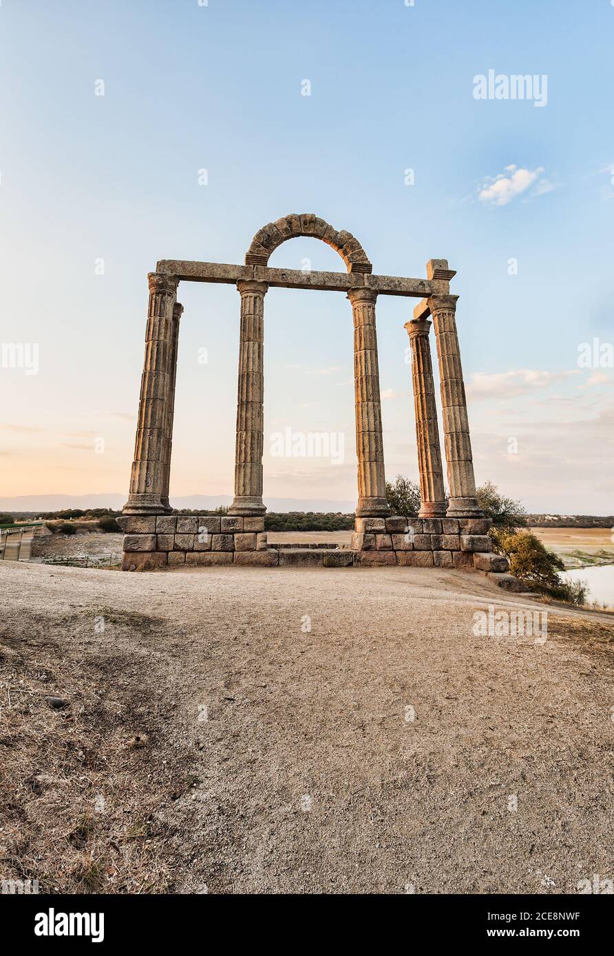 BOHONAL DE IBOR, SPAIN - Aug 31, 2019: Ruins of the Roman city of Augustobriga and the temple of Los Marmoles. Portico de Augustobriga.Talavera la Vie Stock Photo