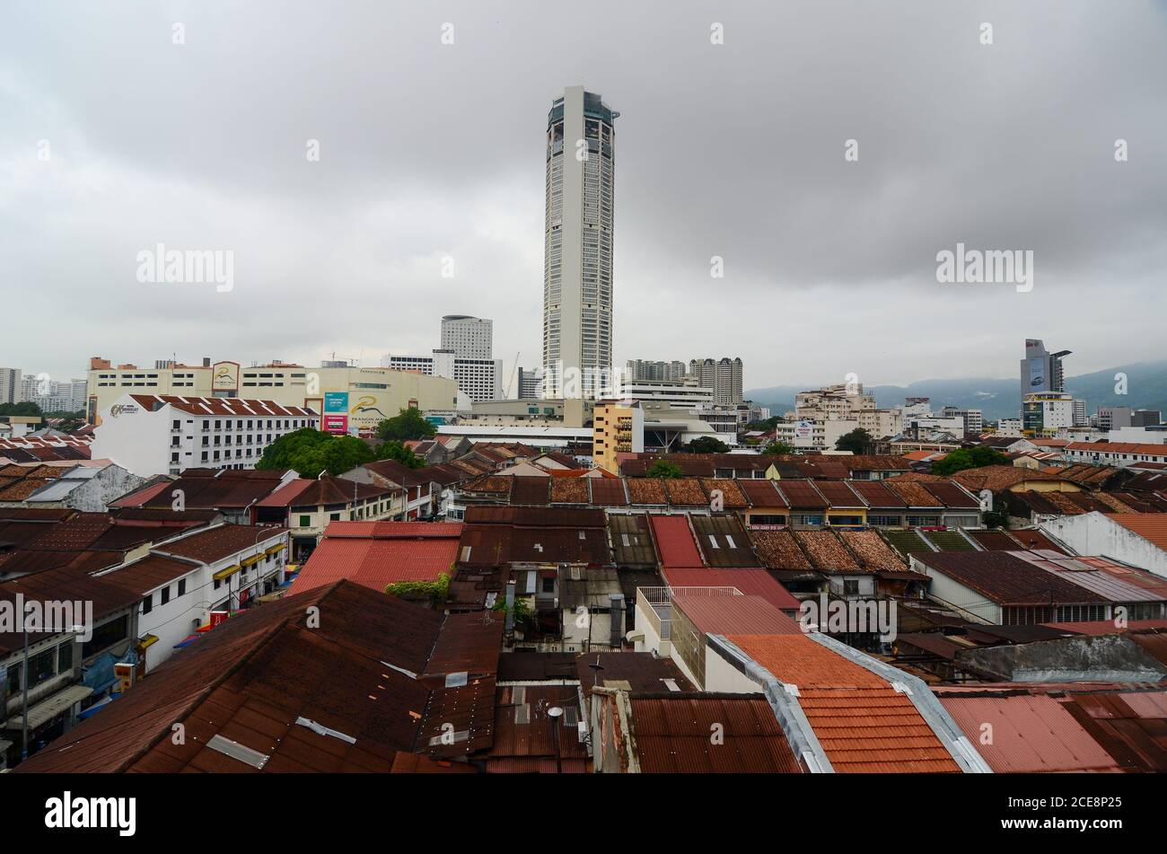 Georgetown, Penang/Malaysia - Jun 17 2016: Aerial view KOMTAR building with old heritage house. Stock Photo