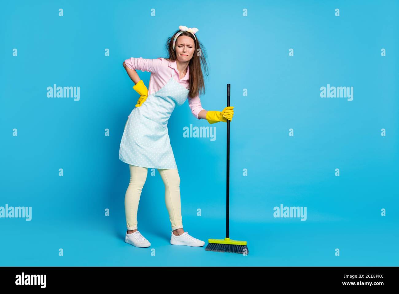 Full length body size view of her she nice attractive tired depressed girl messy hair sweeping