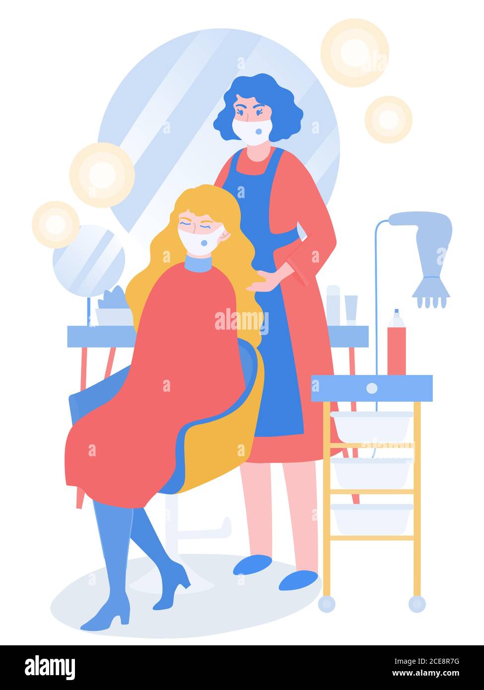 Coronavirus prevention in beauty salons during pandemic. Hairdresser in mask cut client, considering prevention rules Stock Vector