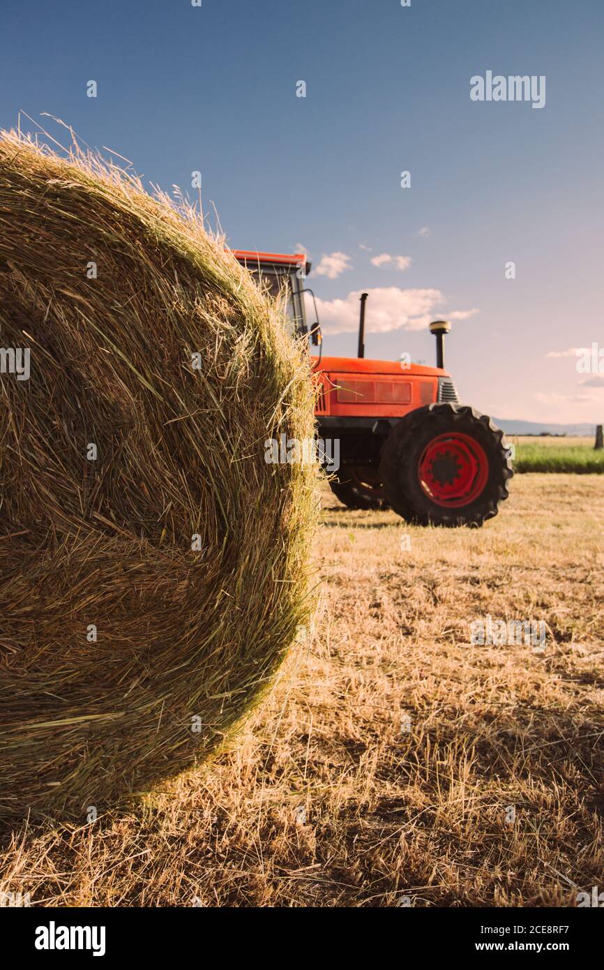 Tractor driving and harvesting hay on field Stock Photo - Alamy