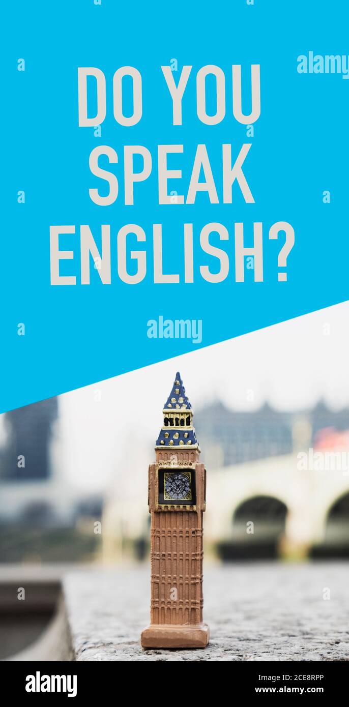 a miniature of the famous Elizabeth Tower, aka Big Ben, in London, United Kingdom, and the question do you speak English, in a vertical format to use Stock Photo