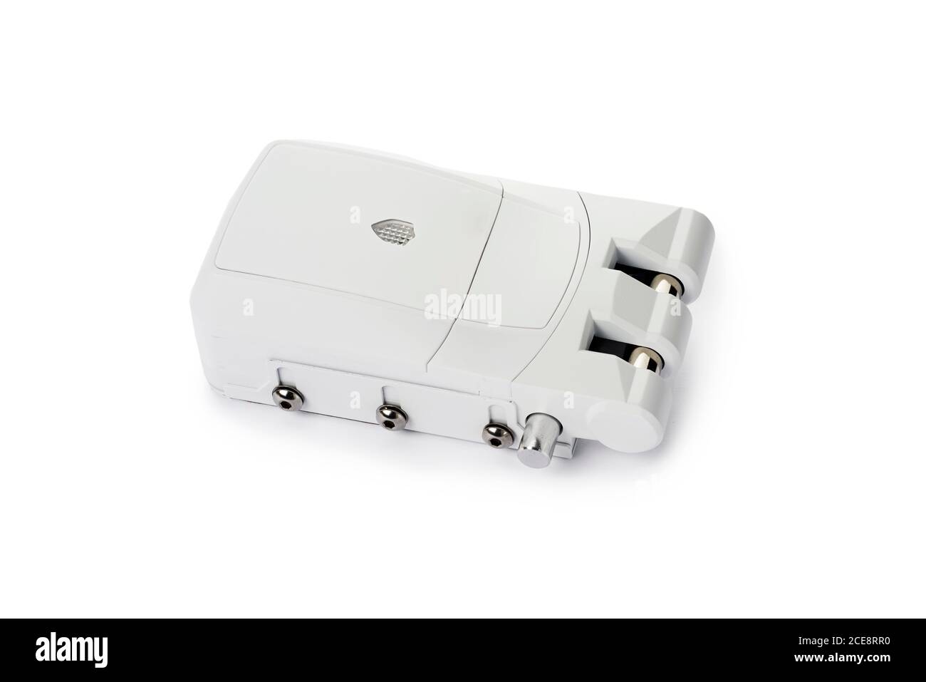 closeup of a white door electronic lock, with remote keyless system, on a white background Stock Photo