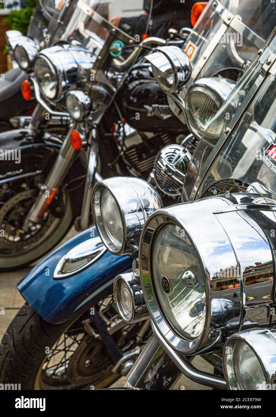 Harley-Davidson motorcyles parked en masse. Stock Photo