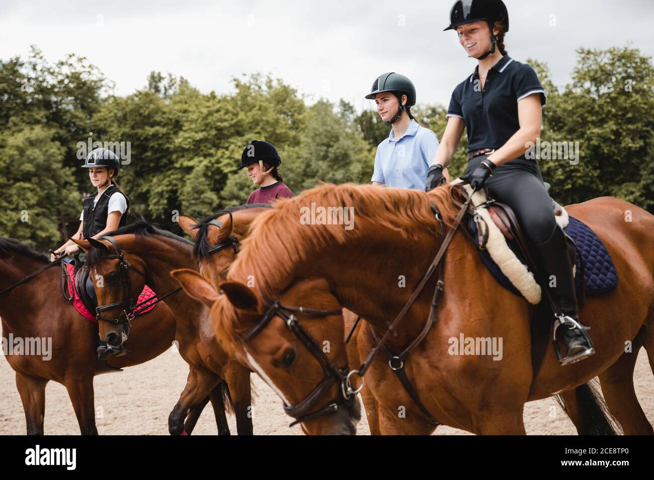 Company of female jockeys in uniform in saddles riding chestnut horses on sandy arena Stock Photo