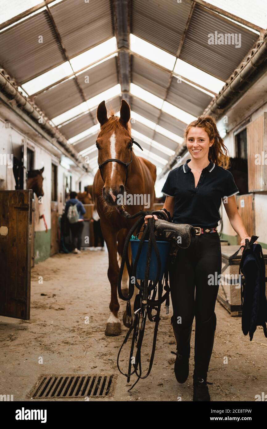 Smiling female equestrian with reins and bridle walking along stable with horse and looking at camera Stock Photo