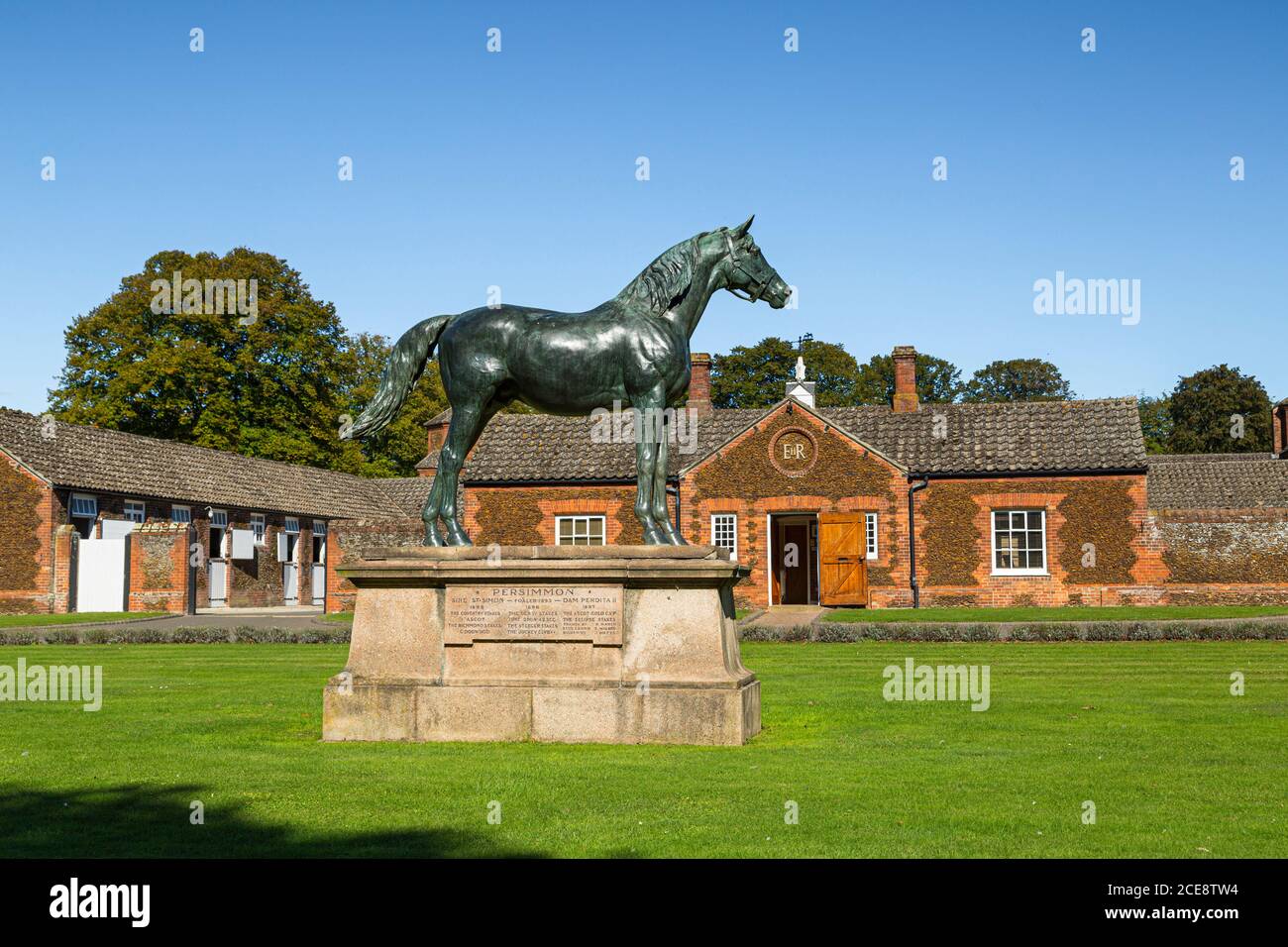 Statue of the  Prince of Wales racehorse Persimmon in front of Sandringham stud. Stock Photo