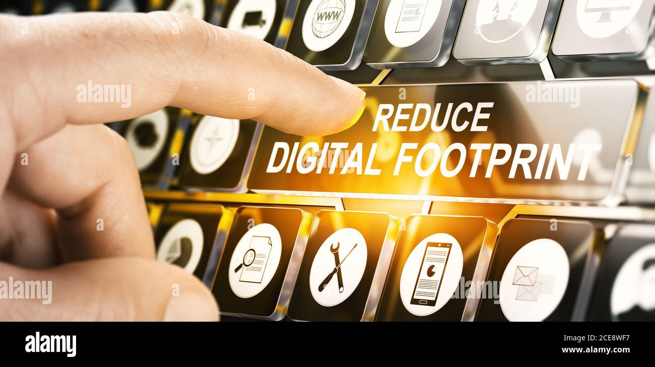Man pushing transparent button to reduce digital carbon footprint. Composite image between a hand photography and a 3D background. Stock Photo