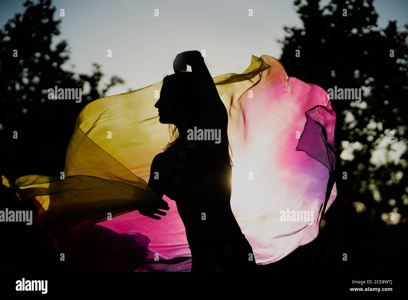 Side view of silhouette of female belly dancer performing in garden during sunset Stock Photo