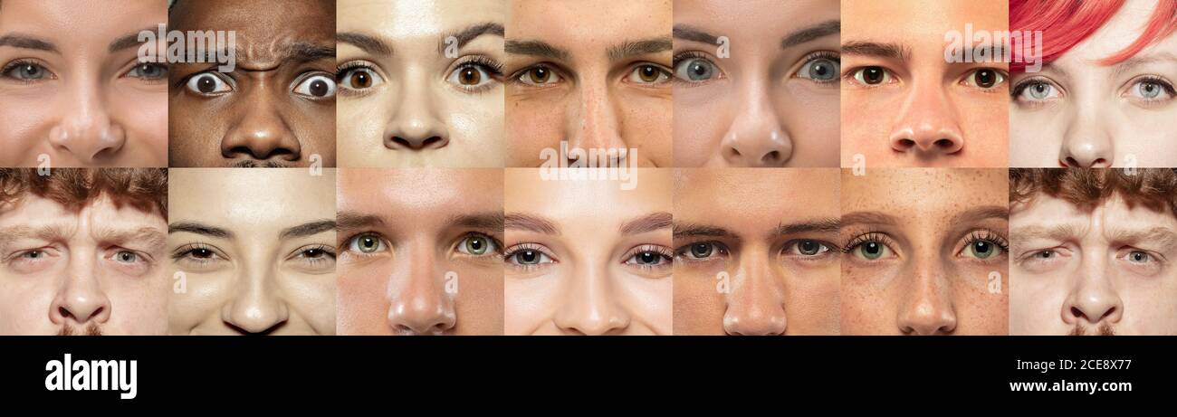 Set, collage of different types of male and female eyes. Concept of beauty, mental health, ophtalmology, cosmetology, cosmetics. Beautiful close up eyes of 12 with different colors and emotions. Stock Photo