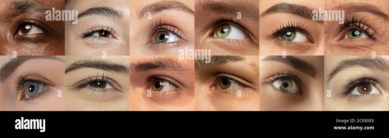Set, collage of different types of male and female eyes. Concept of beauty, mental health, ophtalmology, cosmetology, cosmetics. Beautiful close up eyes of 11 people with different colors and emotions. Stock Photo