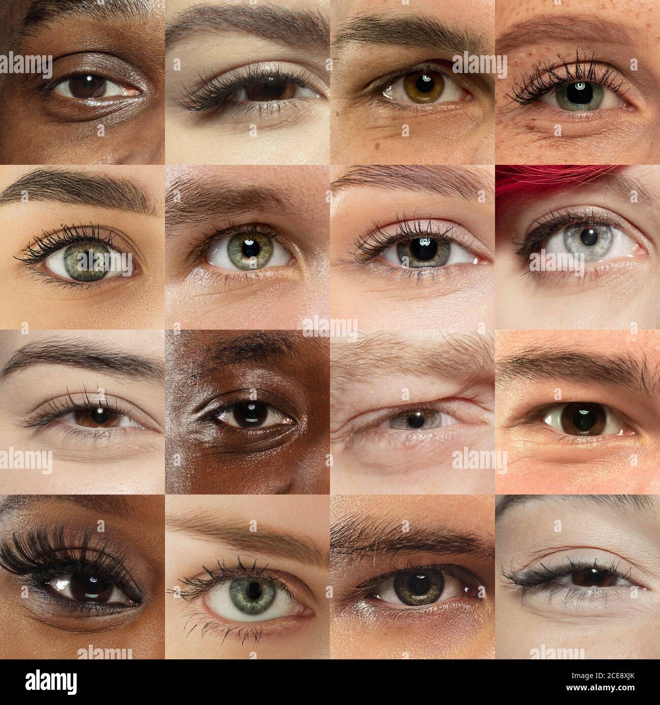 Set, collage of different types of male and female eyes. Concept of beauty, mental health, ophtalmology, cosmetology, cosmetics. Beautiful close up eyes of 16 people with different colors and emotions. Stock Photo