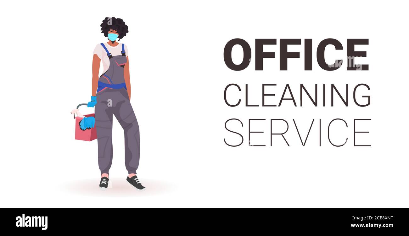 female professional office cleaner woman janitor in medical mask with