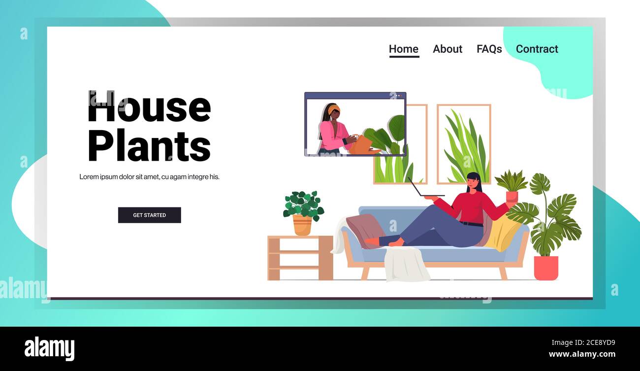woman taking care of houseplants housewife discussing with friend in web browser window during video call full length horizontal copy space vector illustration Stock Vector