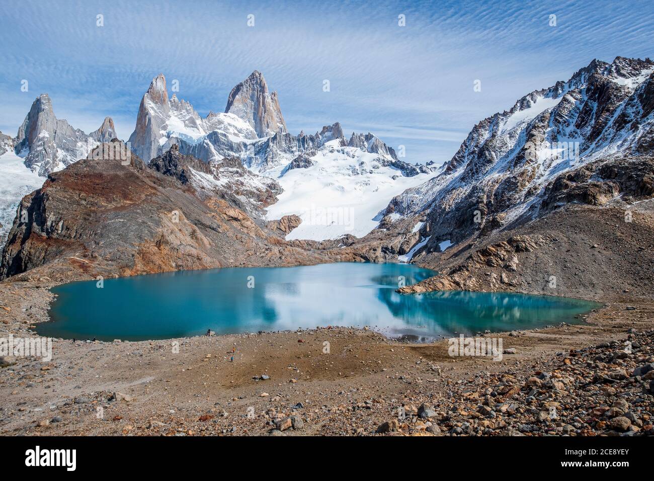 A panoramic view of the Fitz Roy mountain with the blue lake under it. Stock Photo