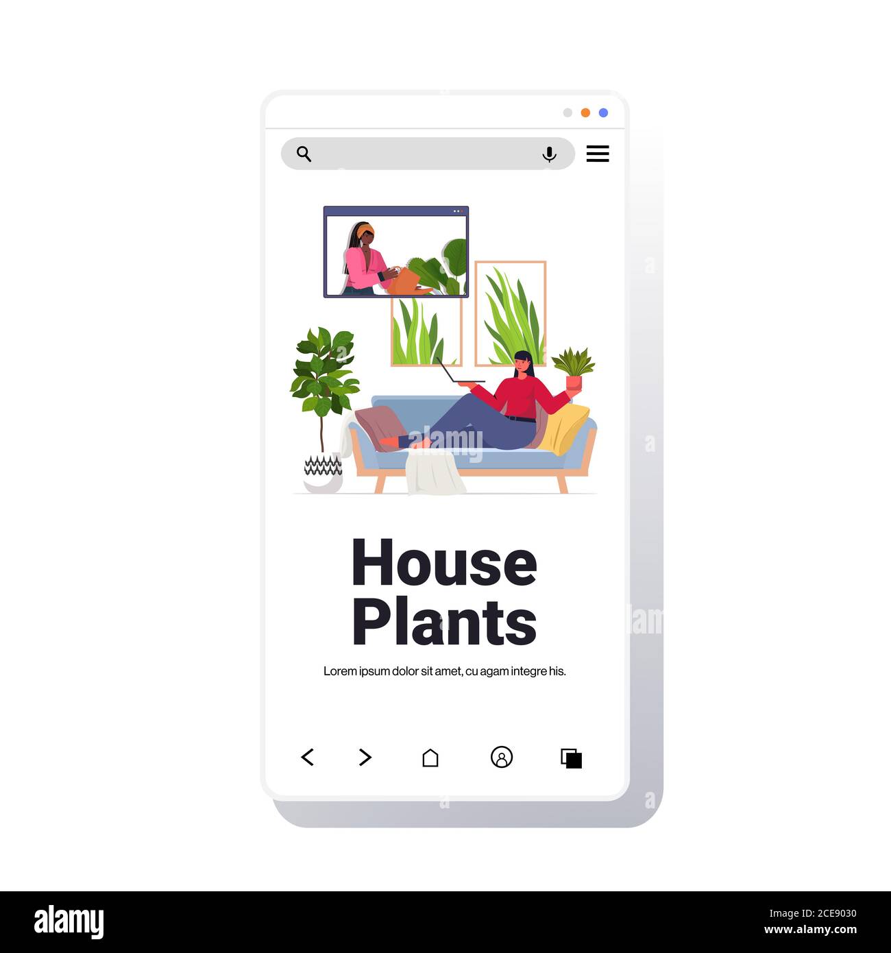 woman taking care of houseplants housewife discussing with friend in web browser window during video call smartphone screen full length copy space vector illustration Stock Vector