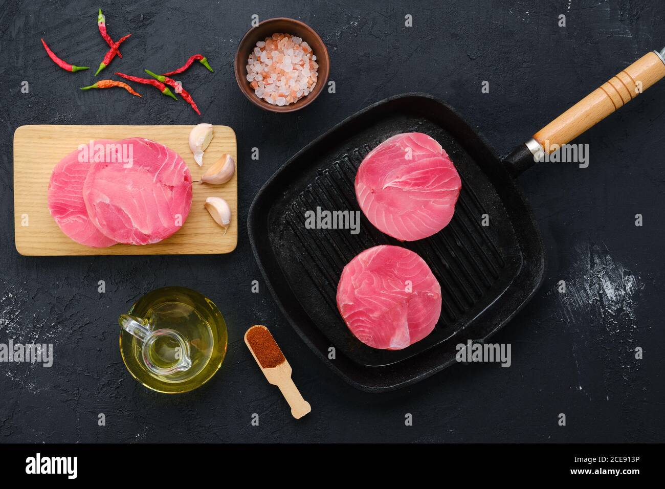 Top view of frozen round tuna cutlet for burger or frying Stock Photo Alamy