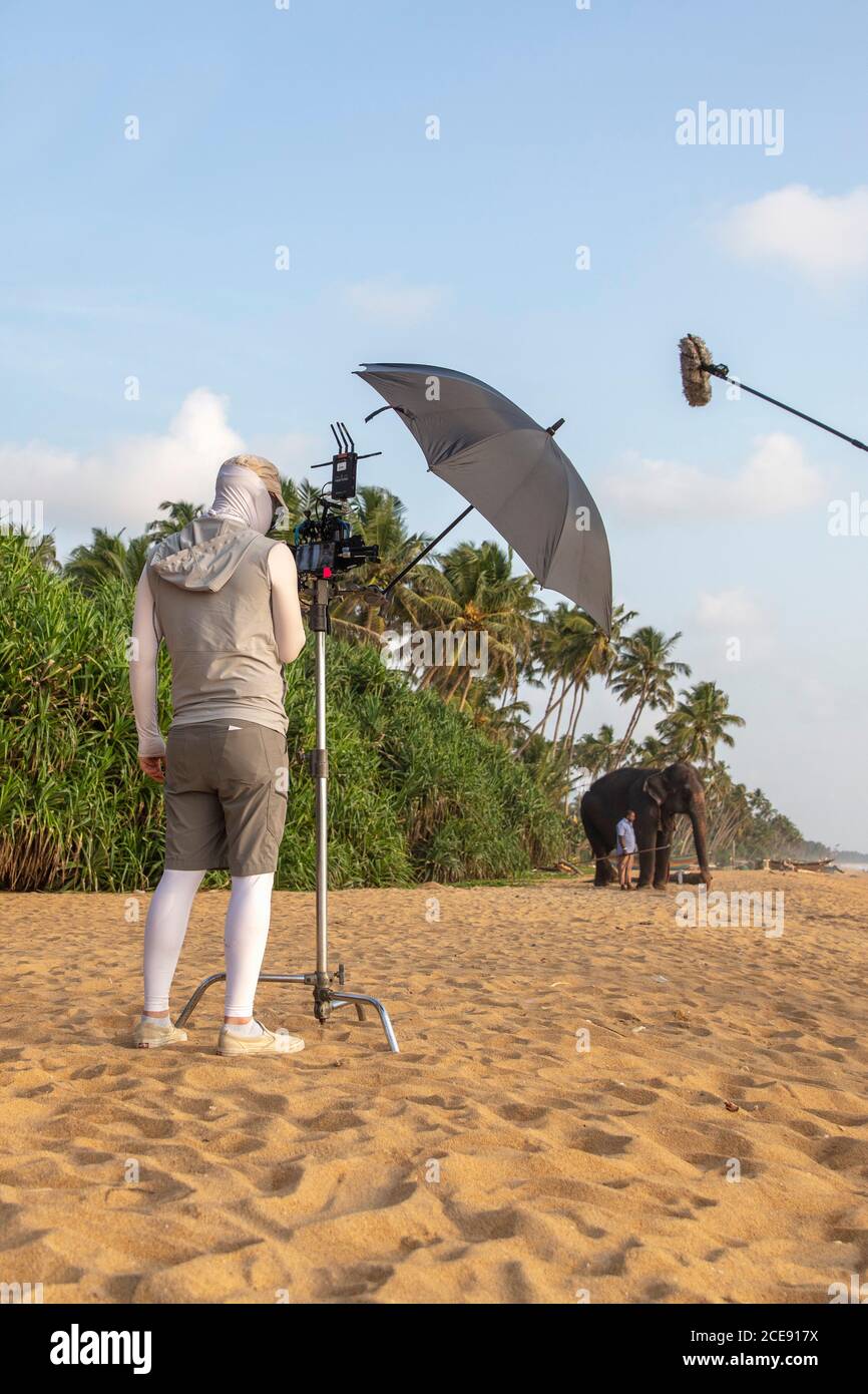 Sri Lanka, Waduwa, Life Ayurveda Resort. Elephant on beach with mahout being filmed for documentary. Camera man covered against the sun. Stock Photo