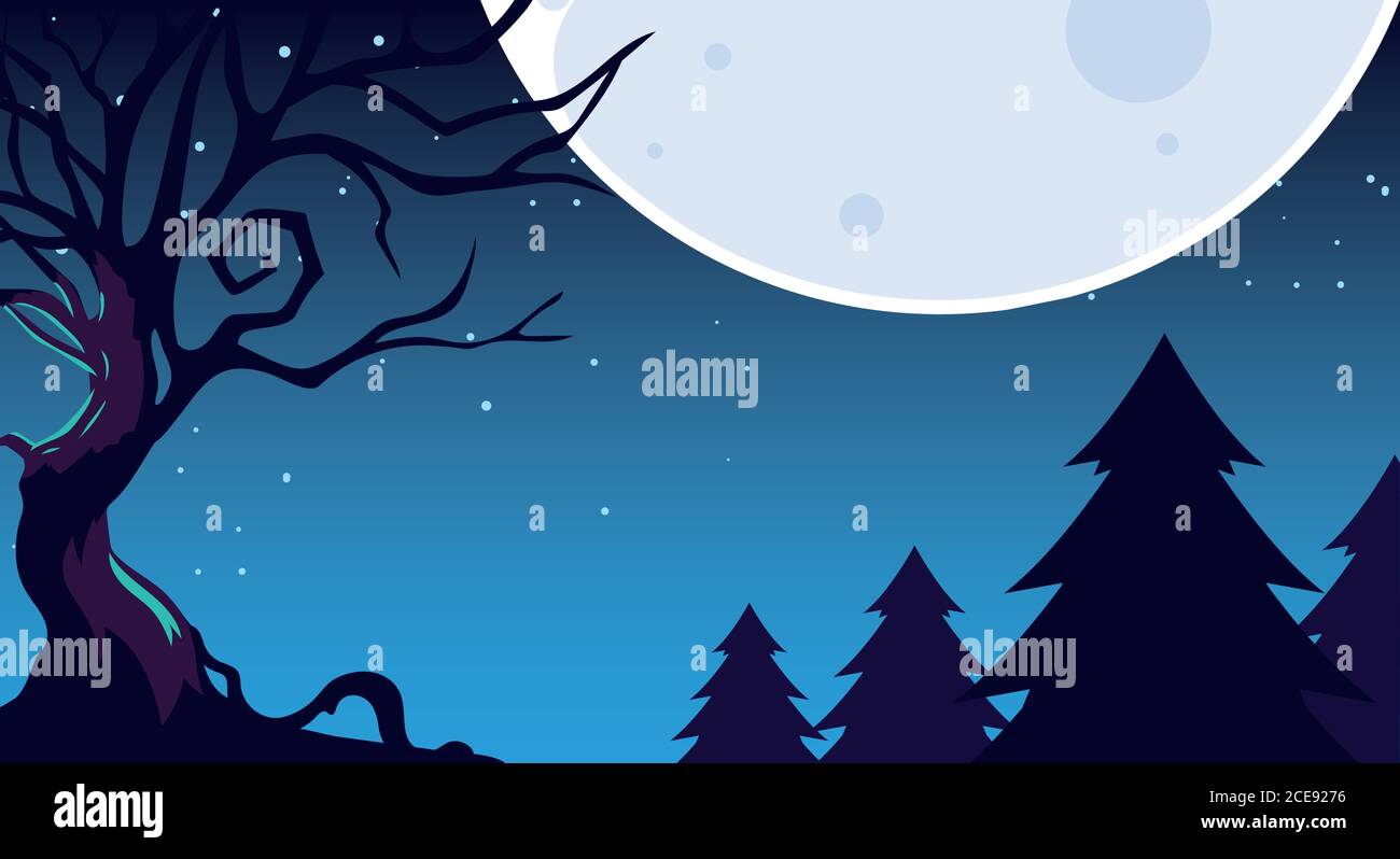 halloween dark night background with scary forest vector illustration ...