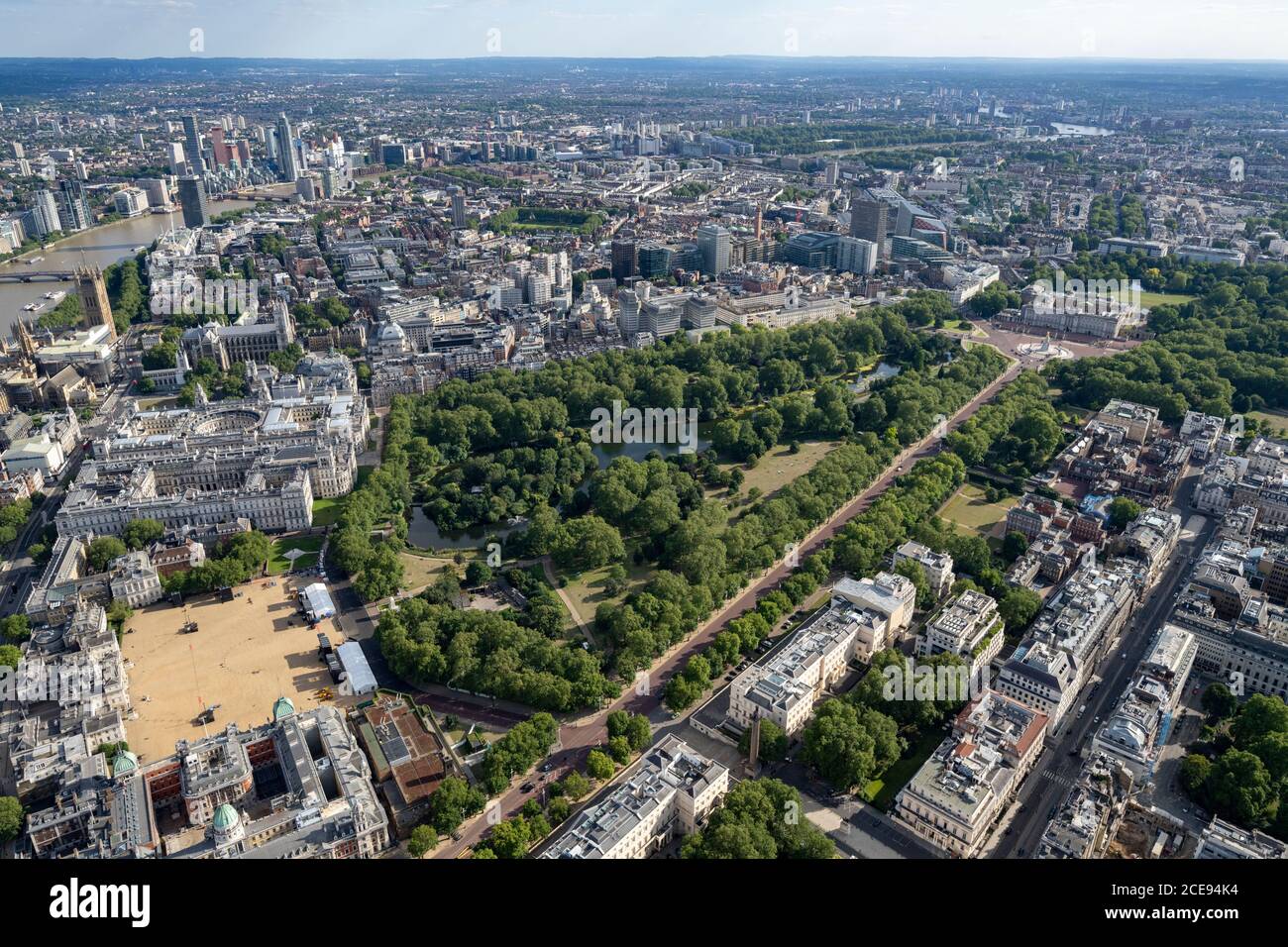 Aerial view of London featuring St James's Park and Buckingham Palace. Stock Photo