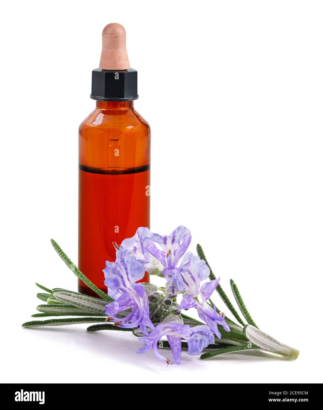 Essential oil with rosemary flowers isolated on white background Stock Photo