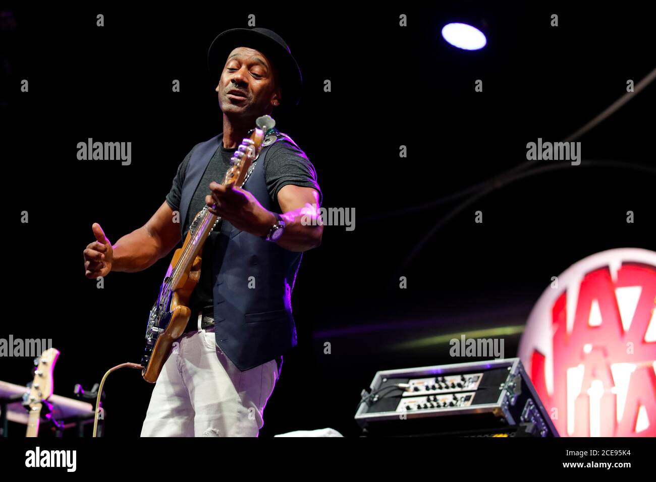 'Jazz a Juan' Jazz Festival in Juan-les-Pins (south-eastern France), on July 19, 2018: bassist Marcus Miller in concert Stock Photo