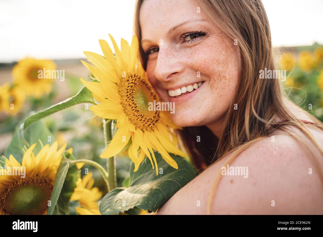 Close up portrait of smiling young woman with fresh yellow sunflower at ...