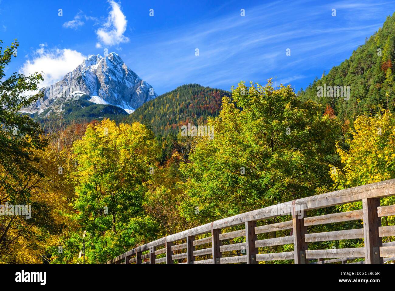 View to Wetterstein mountain range in falltime Stock Photo