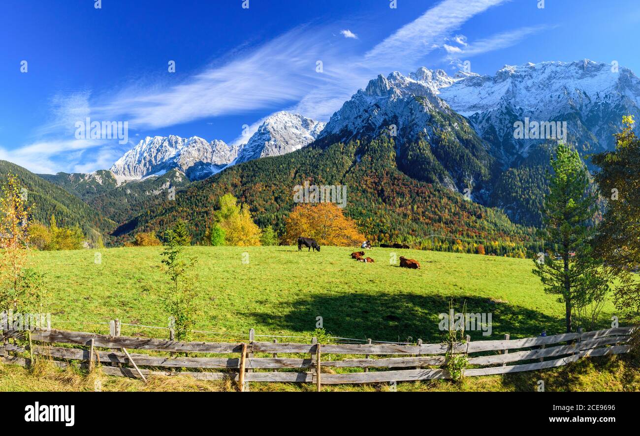Sunny autumnal afternoon in bavarian alps with snow-covered Karwendel mountains Stock Photo