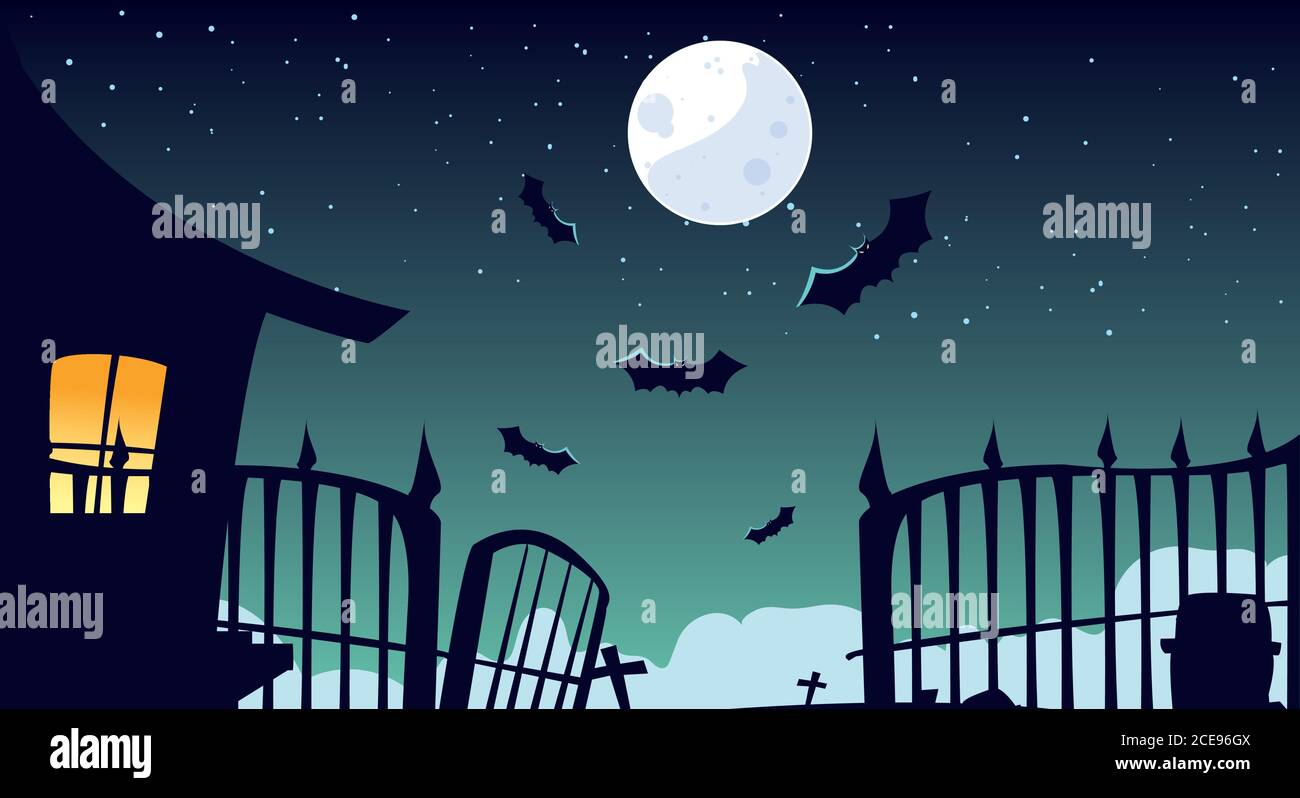 halloween background with haunted house on spooky graveyard vector ...