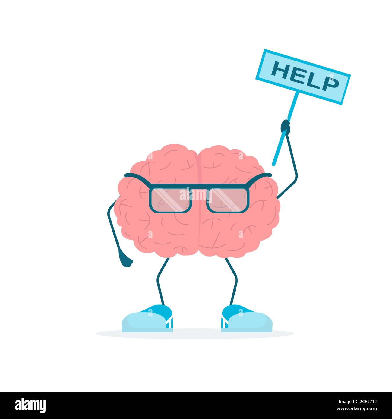 Brain Character Holding Sign Help Standing On White Background, Illustration Stock Vector