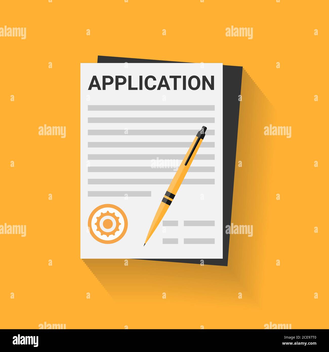 Vector illustration of application form paper document with stamp and pen Stock Vector Image