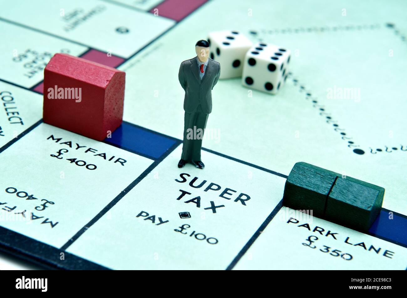 London, UK - July 2, 2011: Model figurine of a businesman standing at Super Tax on the board game monopoly  Model figurine of a businesman standing at Stock Photo