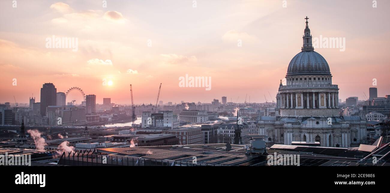 Sunset looking West at St.Pauls Cathedral and rooftops of London Stock Photo