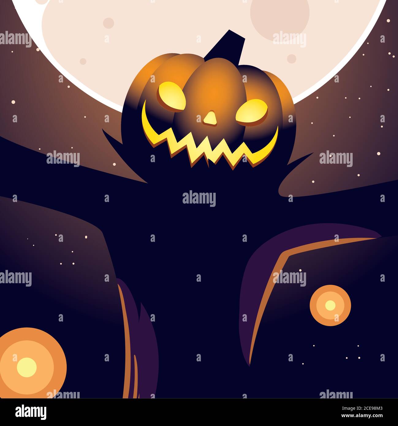 halloween night background with full moon and scarecrow vector ...