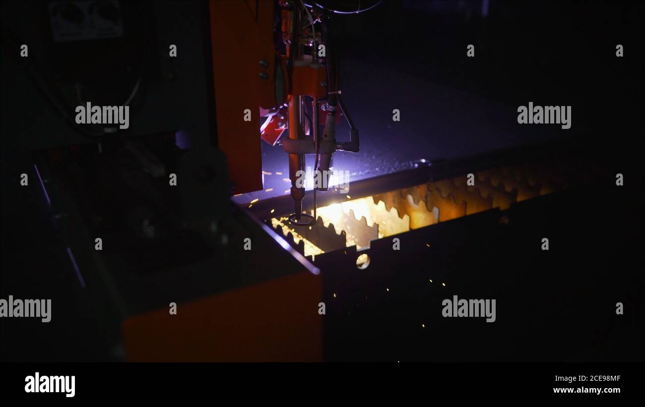 A machine using nitrogen and a laser burns thick metal. Thick metal laser cutting. cutting metal