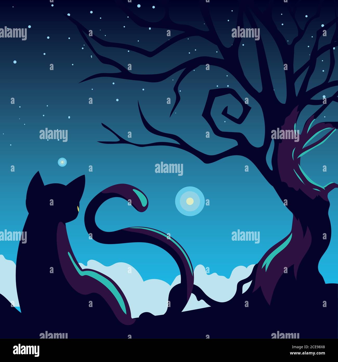 halloween background with cat in dark night vector illustration design ...