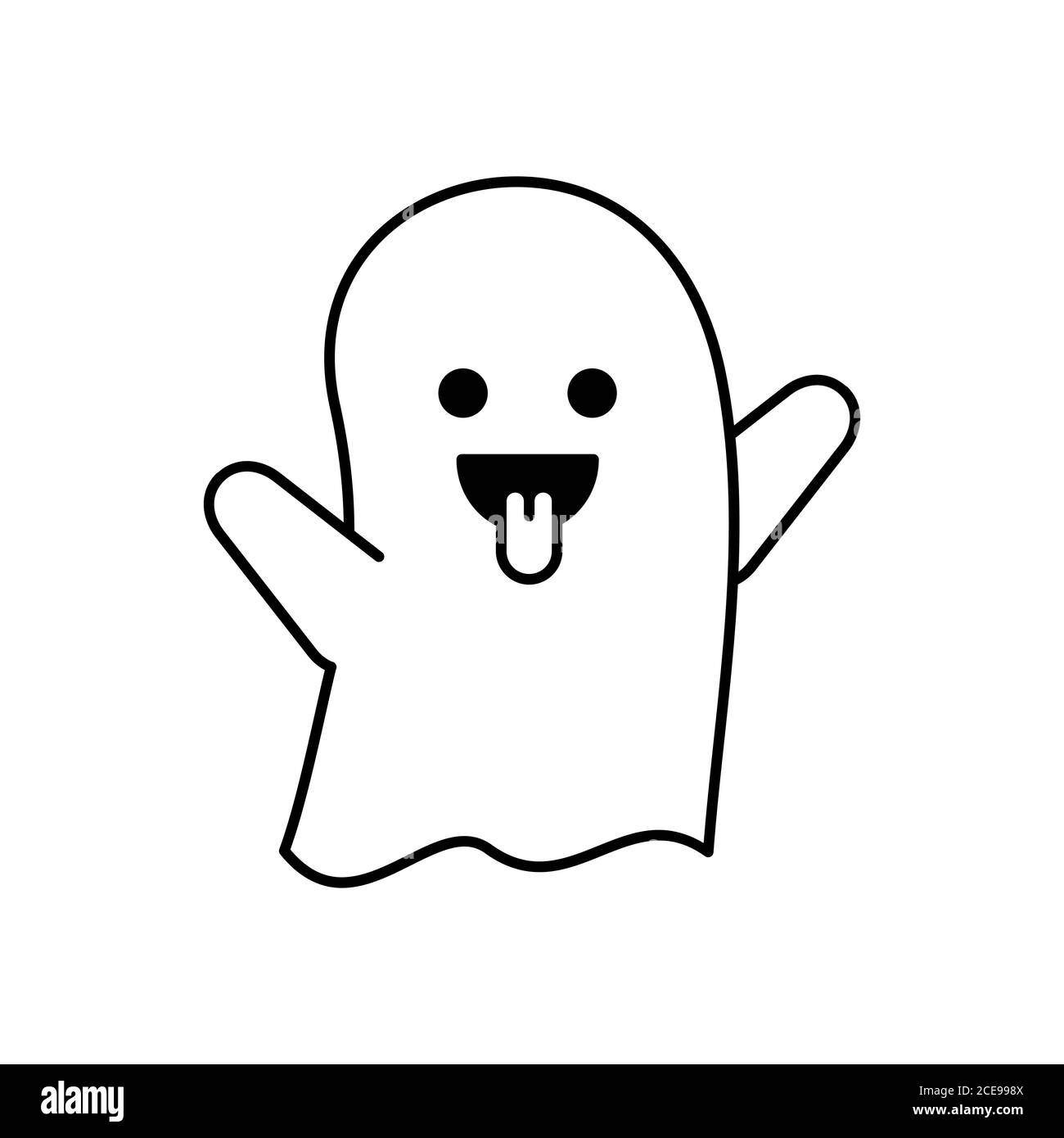 Cute little ghost showing tongue. Funny halloween character. Black outline on white background. Smiling ghost trying to be scary. Thin line icon. Stock Vector