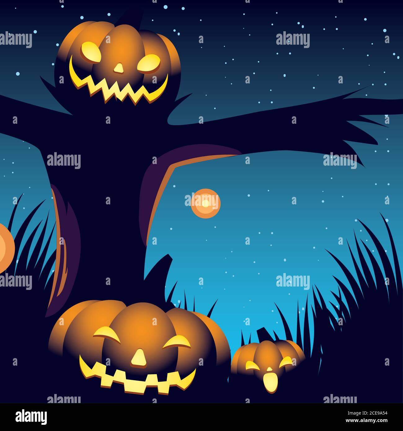 halloween night background with pumpkins and scarecrow vector ...