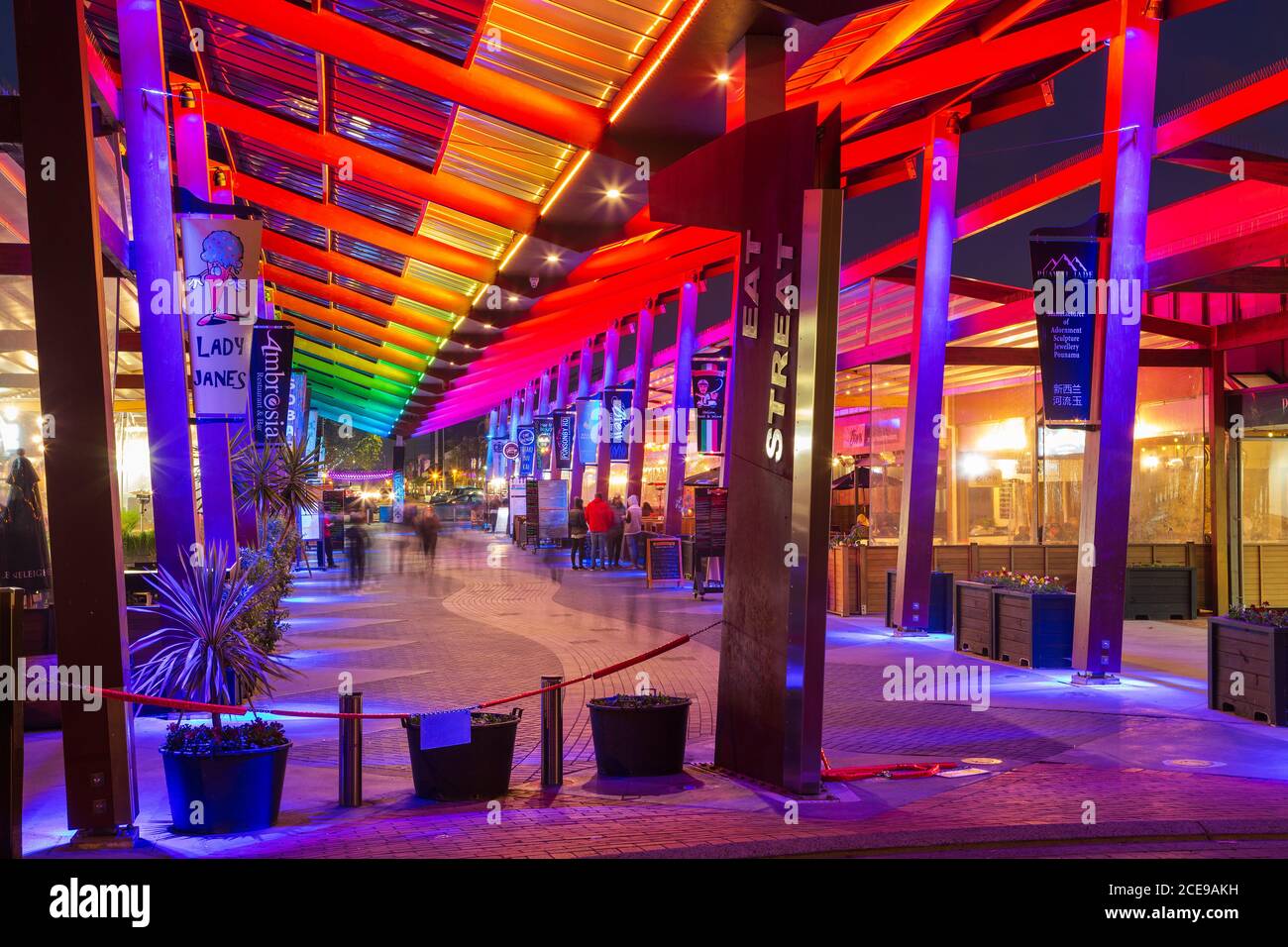 'Eat Streat', Rotorua, New Zealand, a covered area of restaurants and bars with beautiful nighttime lighting. June 29 2019 Stock Photo