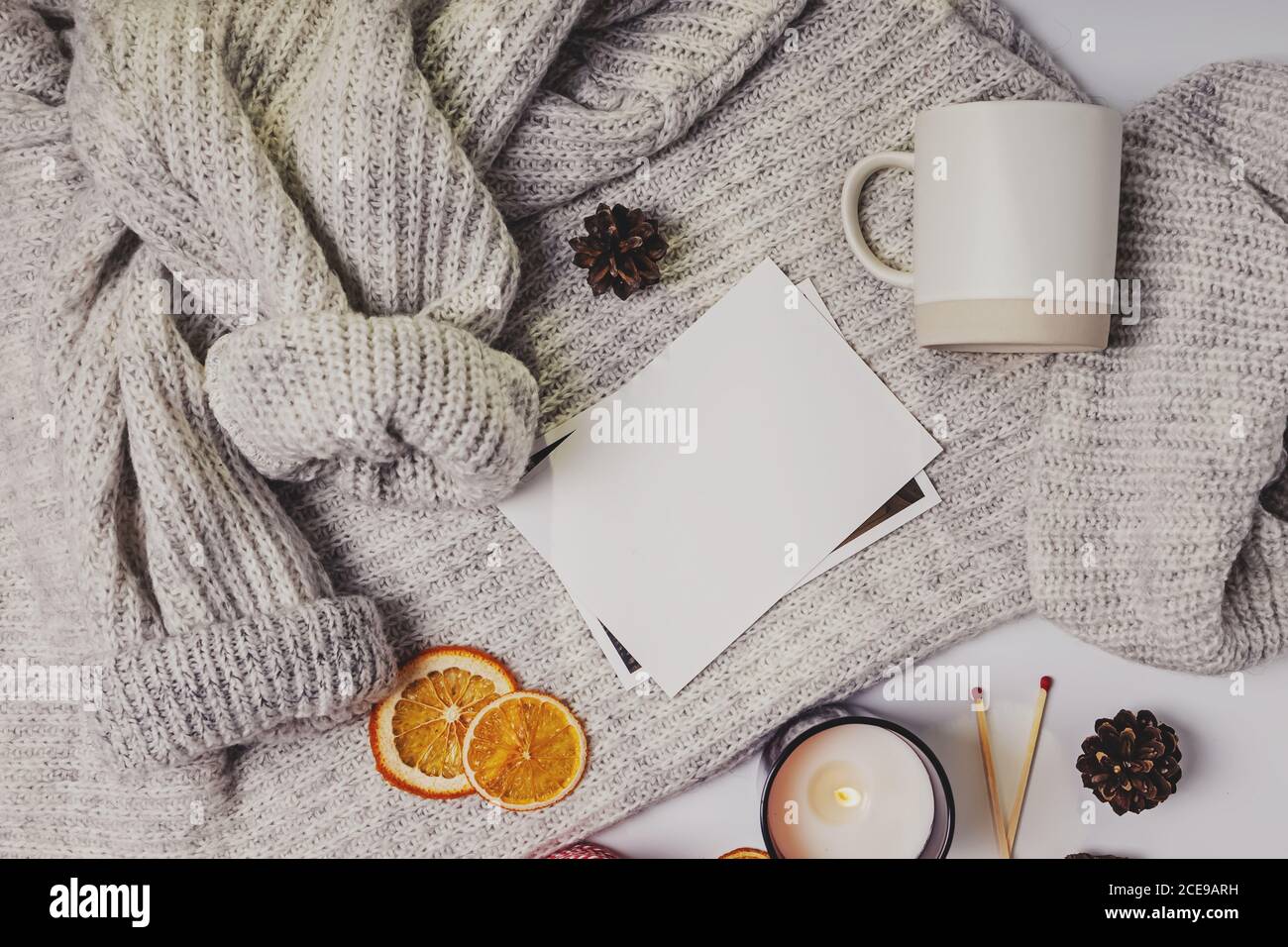 Winter or autumn cozy flat lay composition. Stock Photo