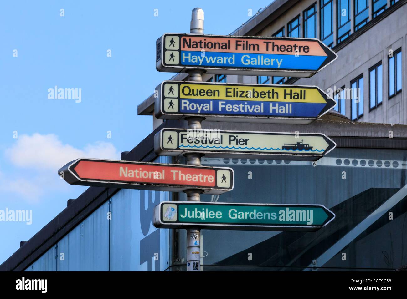 Tourist signage and directions to cultural venues, theatres and concert halls in the South Bank, London, England, UK Stock Photo