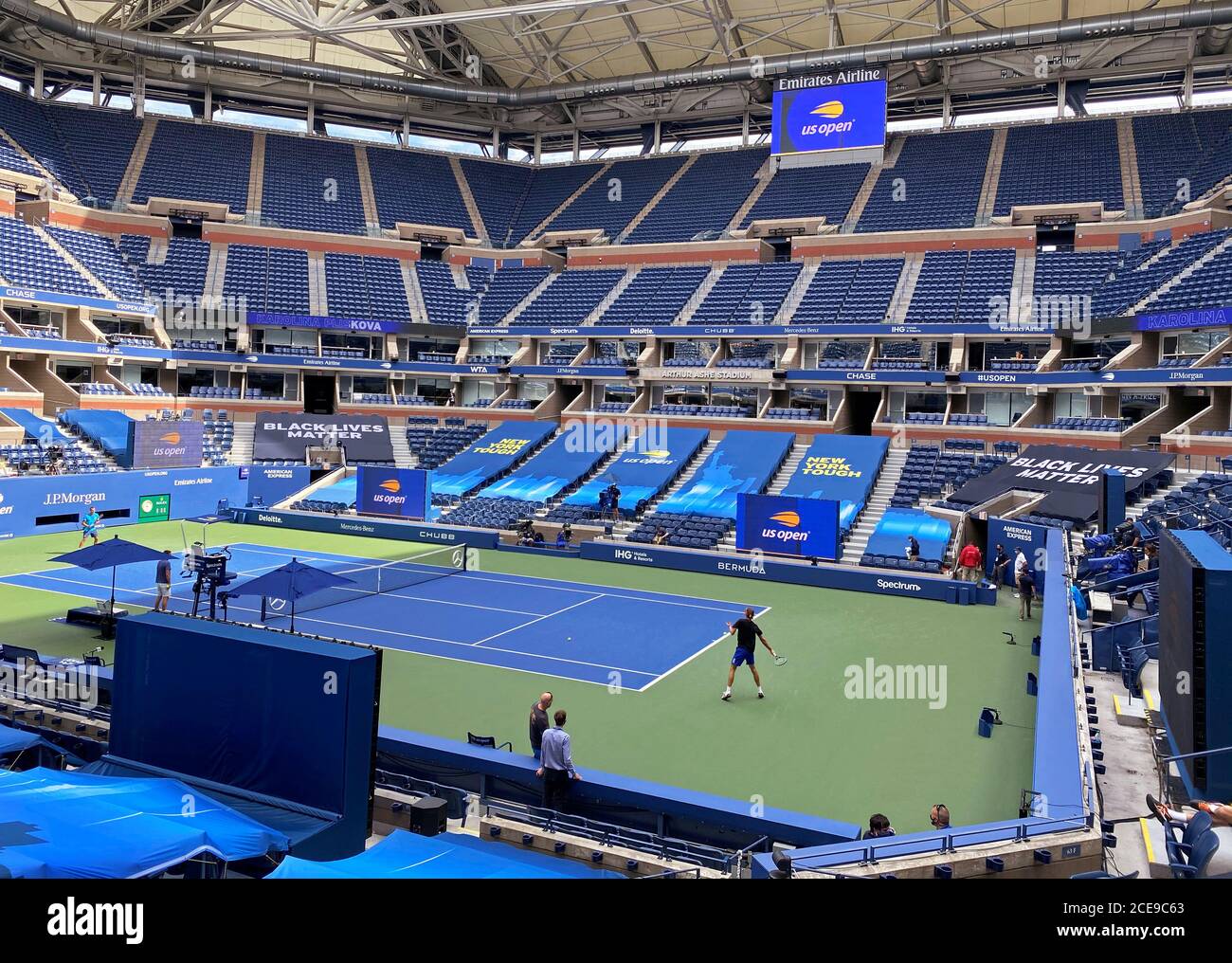 Signage bearing the words "Black Lives Matter" is seen inside Arthur Ashe  Stadium on day one of the U.S. Open tennis tournament in the Queens borough  of New York City, U.S., August