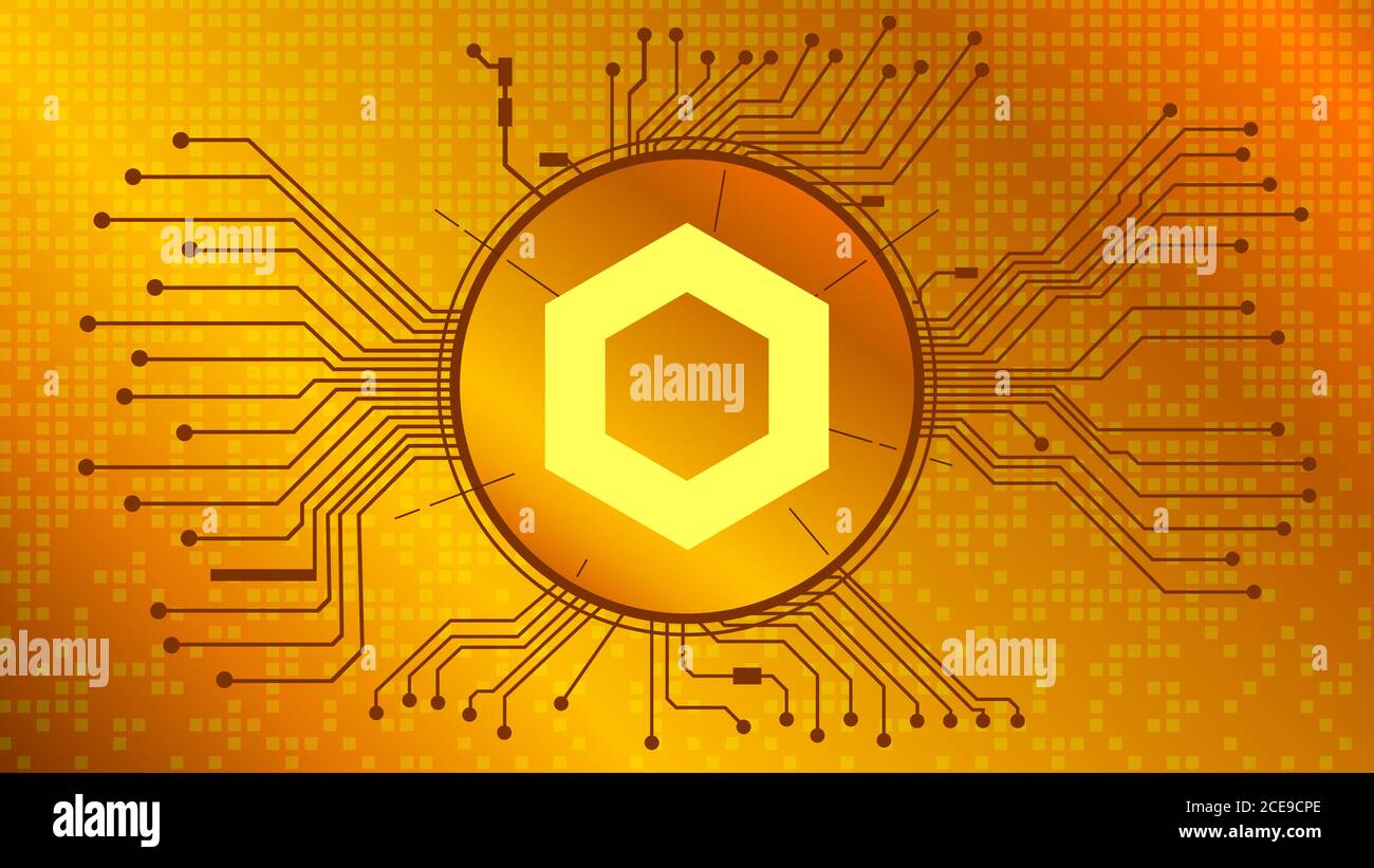 ChainLink LINK cryptocurrency token symbol of the DeFi project in circle with PCB tracks on gold background. Currency icon. Decentralized finance prog Stock Vector